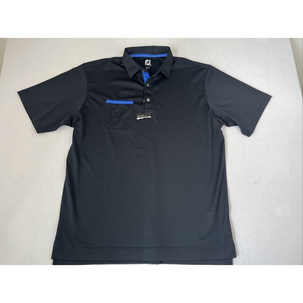 FootJoy Polo Shirt Mens Large Black Blue Stretch Performance Golf Short Sleeve